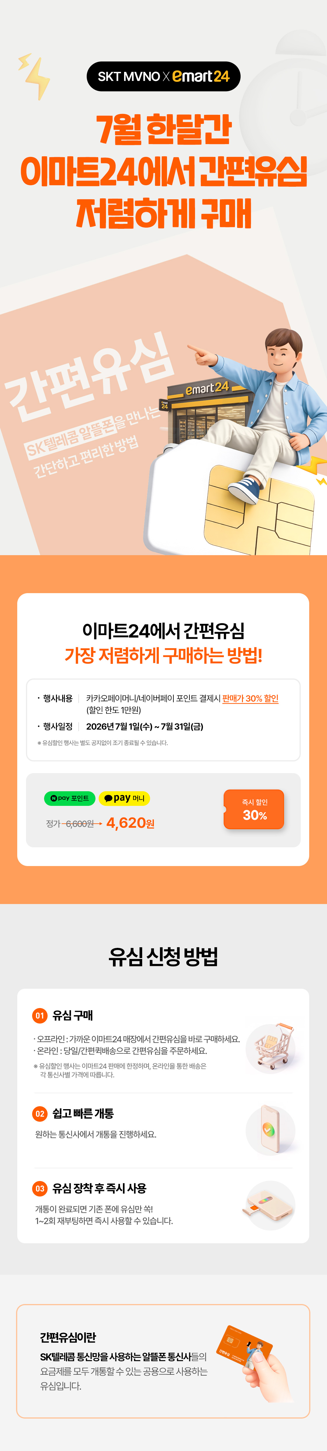 7월 한달간 이마트24에서 간편유심 저렴하게 구매 - N페이/카카오페이 포인트 결제 시 30% 할인 이벤트 상세 안내